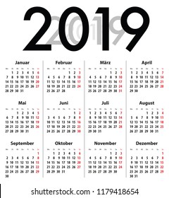 German (Deutsch) calendar grid for 2019 Bold Digits. Best for calendar print, business, web design, office needs and presentations. Vector illustration