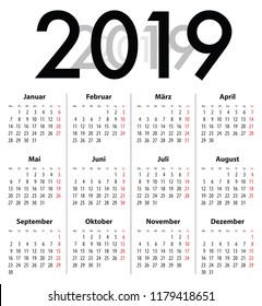 German (Deutsch)  calendar grid with regular digits for 2019. Best for calendar print, business, web design, office needs and presentations. Vector illustration