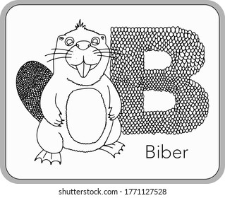 German or Deutsch Zoo Animals Alphabet for the kids: letter B - Beaver. Vector letter and character.
Cartoon colorless Illustration.