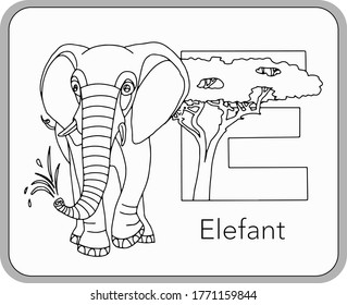 German or Deutsch Zoo Animals Alphabet for the kids: letter E - Elephant (elefant). Vector letter and character.
Cartoon colorless Illustration