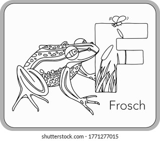 German or Deutsch Zoo Animals Alphabet for the kids: letter F - Frog (frosch). Vector letter and character.
Cartoon colorless Illustration