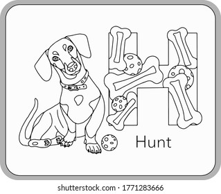 German or Deutsch Zoo Animals Alphabet for the kids: letter H - Dog (hunt). Vector letter and character.
Cartoon colorless Illustration