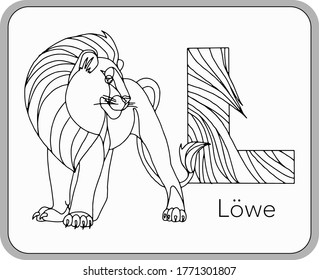 German or Deutsch Zoo Animals Alphabet for the kids: letter L - Lion. Vector letter and character.
Cartoon colorless Illustration