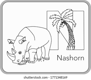 German or Deutsch Zoo Animals Alphabet for the kids: letter N - Rhino (nashorn). Vector letter and character.
Cartoon colorless Illustration