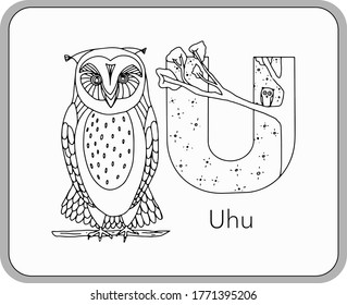 German or Deutsch Zoo Animals Alphabet for the kids: letter U - Owl (uhu). Vector letter and character.
Cartoon colorless Illustration