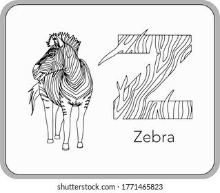 German or Deutsch Zoo Animals Alphabet for the kids: letter Z - Zebra. Vector letter and character.
Cartoon colorless Illustration