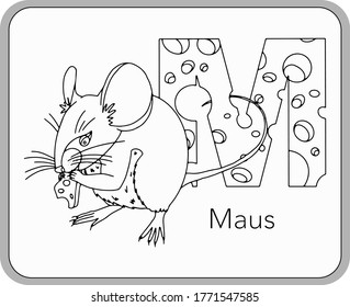 German or Deutsch Zoo Animals Alphabet for the kids: letter M - Mouse. Vector letter and character.
Cartoon colorless Illustration