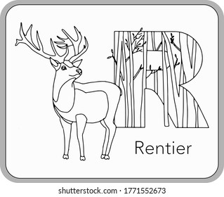 German or Deutsch Zoo Animals Alphabet for the kids: letter R - Reindeer (rentier). Vector letter and character.
Cartoon colorless Illustration