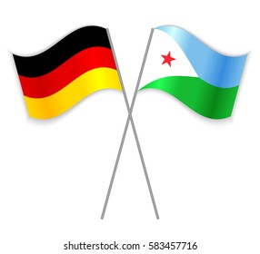 German and Djiboutian crossed flags. Germany combined with Djibouti isolated on white. Language learning, international business or travel concept.