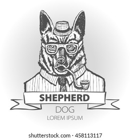 German dog Shepherd hipster smokes a pipe in a headdress Illustration vector art