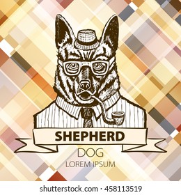 German dog Shepherd hipster smokes a pipe in a headdress Illustration vector art