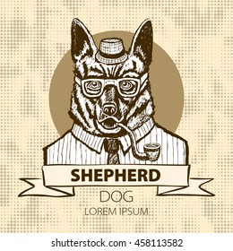 German dog Shepherd hipster smokes a pipe in a headdress Illustration vector art