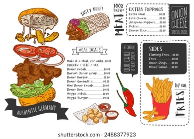 German Doner Kebab Hand drawn vector illustration. Making doner kebab and kebab ingredients. Fast food design elements. Restaurant cafe poster, menu template design.