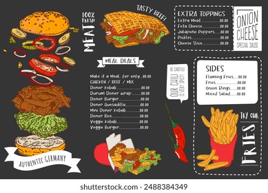 German Doner Kebab Hand drawn vector illustration. Making doner kebab and kebab ingredients. Fast food design elements. Restaurant cafe poster, menu template design.