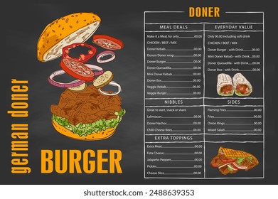 German Doner Kebab Hand drawn vector illustration. Making doner kebab and kebab ingredients. Fast food design elements. Restaurant cafe poster, menu template design.