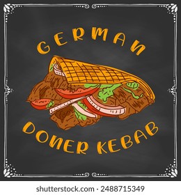 German Doner Kebab Hand drawn vector illustration. Making doner kebab and kebab ingredients. Fast food design elements. Restaurant cafe poster, menu template design.