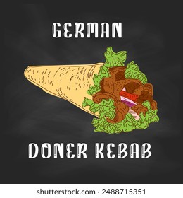 German Doner Kebab Hand drawn vector illustration. Making doner kebab and kebab ingredients. Fast food design elements. Restaurant cafe poster, menu template design.