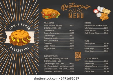 German Doner Kebab Hand drawn vector illustration. Making doner kebab and kebab ingredients. Fast food design elements. Restaurant cafe poster, menu template design.