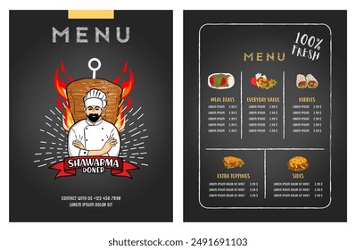 German Doner Kebab Hand drawn vector illustration. Making doner kebab and kebab ingredients. Fast food design elements. Restaurant cafe poster, menu template design.