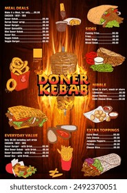 German Doner Kebab Hand drawn vector illustration. Making doner kebab and kebab ingredients. Fast food design elements. Restaurant cafe poster, menu template design.