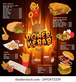 German Doner Kebab Hand drawn vector illustration. Making doner kebab and kebab ingredients. Fast food design elements. Restaurant cafe poster, menu template design.