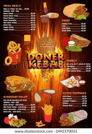 German Doner Kebab Hand drawn vector illustration. Making doner kebab and kebab ingredients. Fast food design elements. Restaurant cafe poster, menu template design.