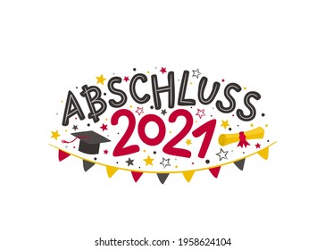 German Doodle Logo for the 2021 graduate with a masters cap, rolled scroll, flags and stars. Vector illustration for badge or emblem. Isolated on white background
