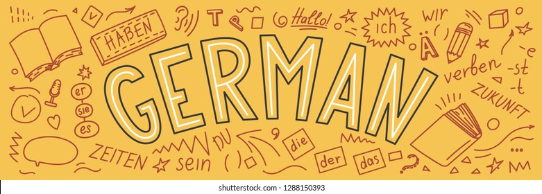 German. Doodles and hand written lettering. Der, die, das, er, sie, es, ich, haben, zeiten, sein, zukunft, hallo, verben,du. Translation: the, he, she, it, me, have, times, be, future,hello, verb,you