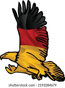 German Eagle soars in the sky. The flag of Germany covers the wings of an Eagle. A Cool Eagle is exploring its territory. National vector illustration.