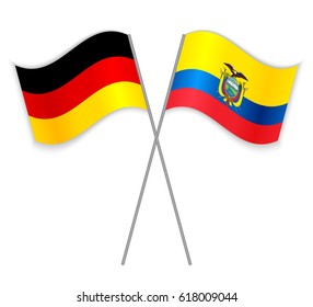 German and Ecuadorian crossed flags. Germany combined with Ecuador isolated on white. Language learning, international business or travel concept.