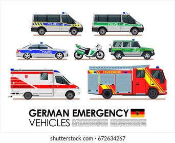 German emergency cars vehicles transport vector set. Police car, Fire truck, Ambulance  van Emergency cars of Deutsche flat design vector collection