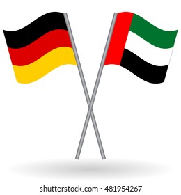 German and Emirati crossed flags. Germany combined with United Arab Emirates isolated on white. Language learning, international business or travel concept.