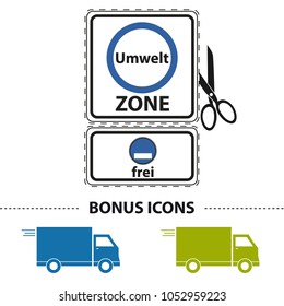 German Environment Zone Blue - Translation: Environmental Zone Free - Vector Sticker Illustration With Scissor And Cut Line - Bonus Icons - Isolated On White Background