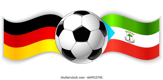 German and Equatorial Guinean wavy flags with football ball. Germany combined with Equatorial Guinea isolated on white. Football match or international sport competition concept.