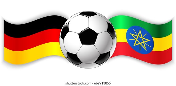German and Ethiopian wavy flags with football ball. Germany combined with Ethiopia isolated on white. Football match or international sport competition concept.