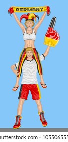 German Fans Supporting Germany Team with Scarf and Foam Finger. All the objects are in different layers and the text types do not need any font.