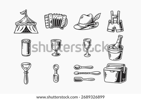 german festival elements with hat, tent, beer tools. oktoberfest hand drawn icon set for beer festival. cultural beer celebration vintage doodle for pub, poster, event. vector illustration