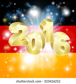 A German flag with 2016 coming out of it with fireworks. Concept for New Year or anything exciting happening in Germany in the year 2016.