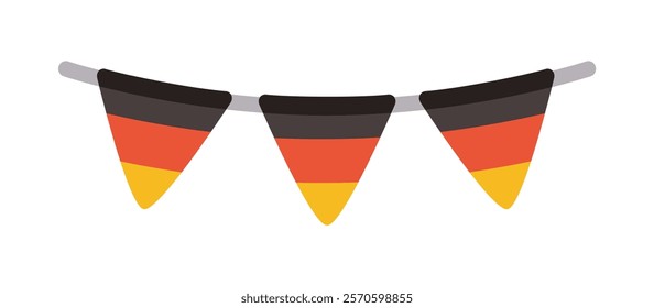 German flag bunting featuring black, red, and yellow triangular pennants, hung on a simple string, on a white background. Concept of celebration. Vector illustration.