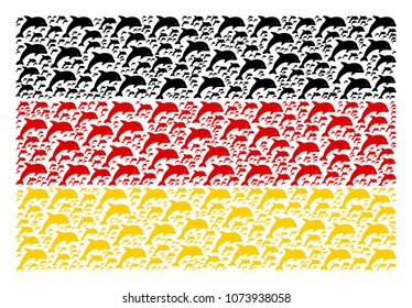 German Flag collage composed of dolphin design elements. Vector dolphin pictograms are combined into geometric Germany flag illustration.