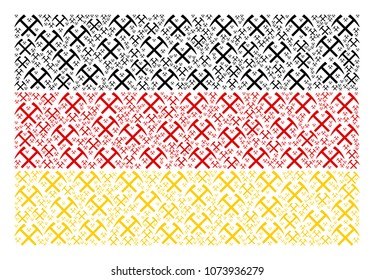 German Flag collage organized of mining hammers design elements. Vector mining hammers items are organized into geometric German flag collage.