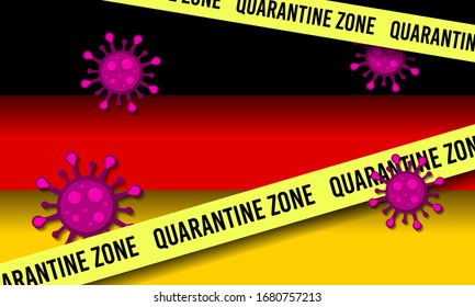 German flag with coronavirus bacteria cells and quarantine tape on it. Concept for covid-19 virus outbreak, qurantine in Europe, global pandemic, stay home. Paper cut vector illustration.