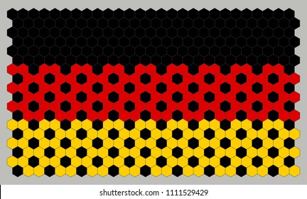 
German Flag with Football Soccer Ball Hexagon Design Vector Background. Yellow, Red, Black Tricolor Hexagonal Print with Black Soccer Ball Pattern Overlay.