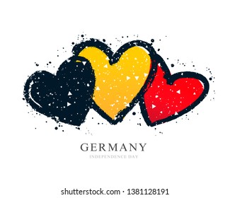 German flag in the form of three hearts. Vector illustration on white background. Brush strokes drawn by hand. Independence Day. National Unity Day of Germany.