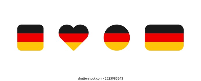 German flag icon. Flag of Germany vector sign. Deutschland national banner. Black, red and yellow Germany emblem. Berlin banner in four different shapes: square, heart, circle and rectangle.