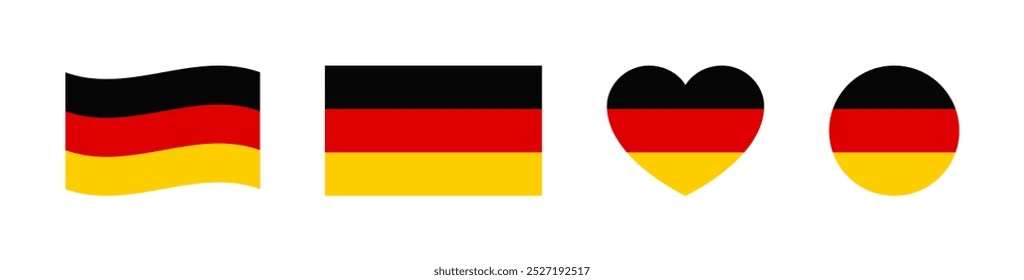 German Flag Icon Set. Flag of Germany Vector Illustration. German Flag in Heart, Circle, Waving