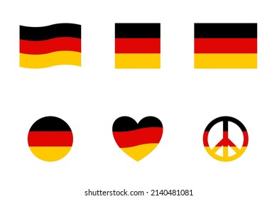 German flag icons vector set. Flag of Germany on white background. Flag and peace icon, square, circle and heart shape icons or german flag symbols.