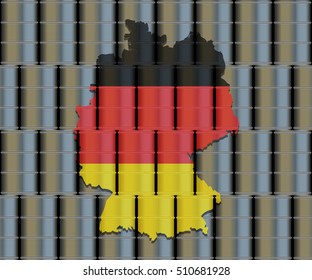  German flag map on oil barrels. Commercial oil storage energy concept. 