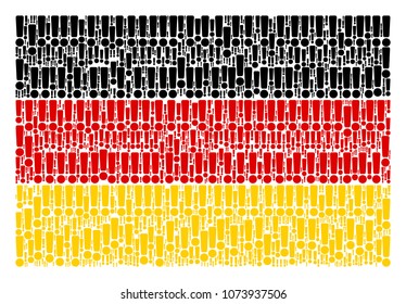 German Flag mosaic created of exclamation sign icons. Vector exclamation sign items are composed into mosaic German flag illustration.