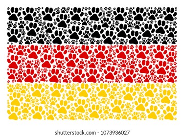 German Flag mosaic organized of paw footprint elements. Vector paw footprint pictograms are composed into conceptual Germany flag pattern.